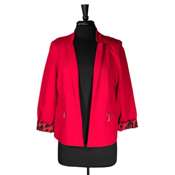Chico's Women's Jacket Red Black Animal Print Open Front Stretch Blazer 1 US M/8 - Picture 1 of 10